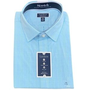 NWT Men’s Club Room Performance aqua check 100% cotton button down shirt 18.5